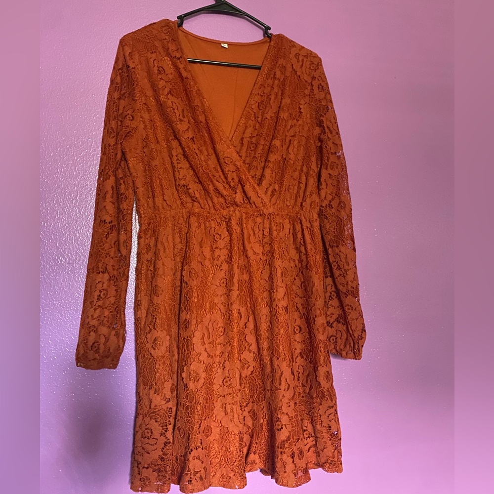 Elegant Lace Long Sleeve Dress in Rust